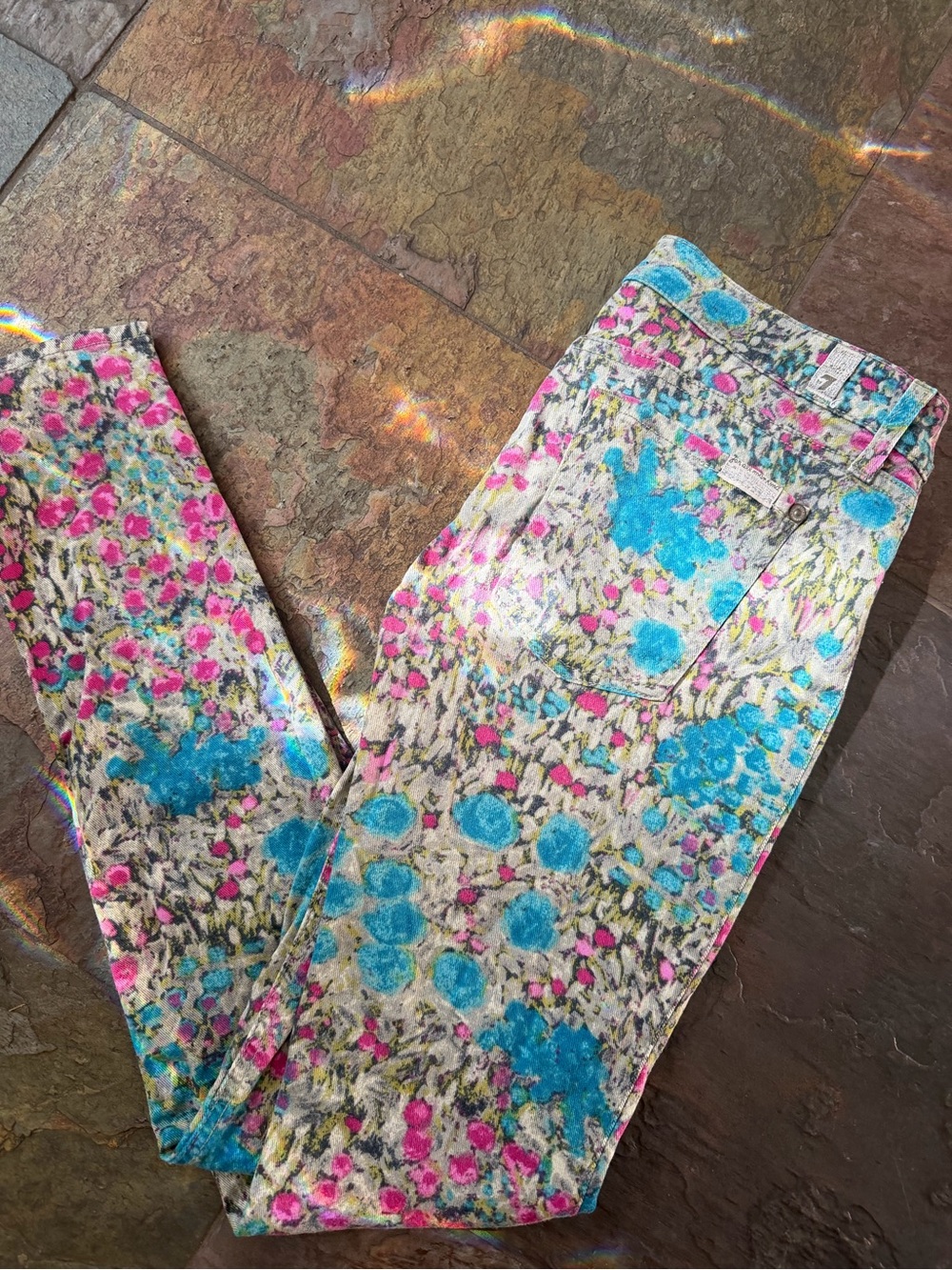 7 for All Mankind Sz 27 Floral Print Skinny pants in Blue /Pink artistic stretch